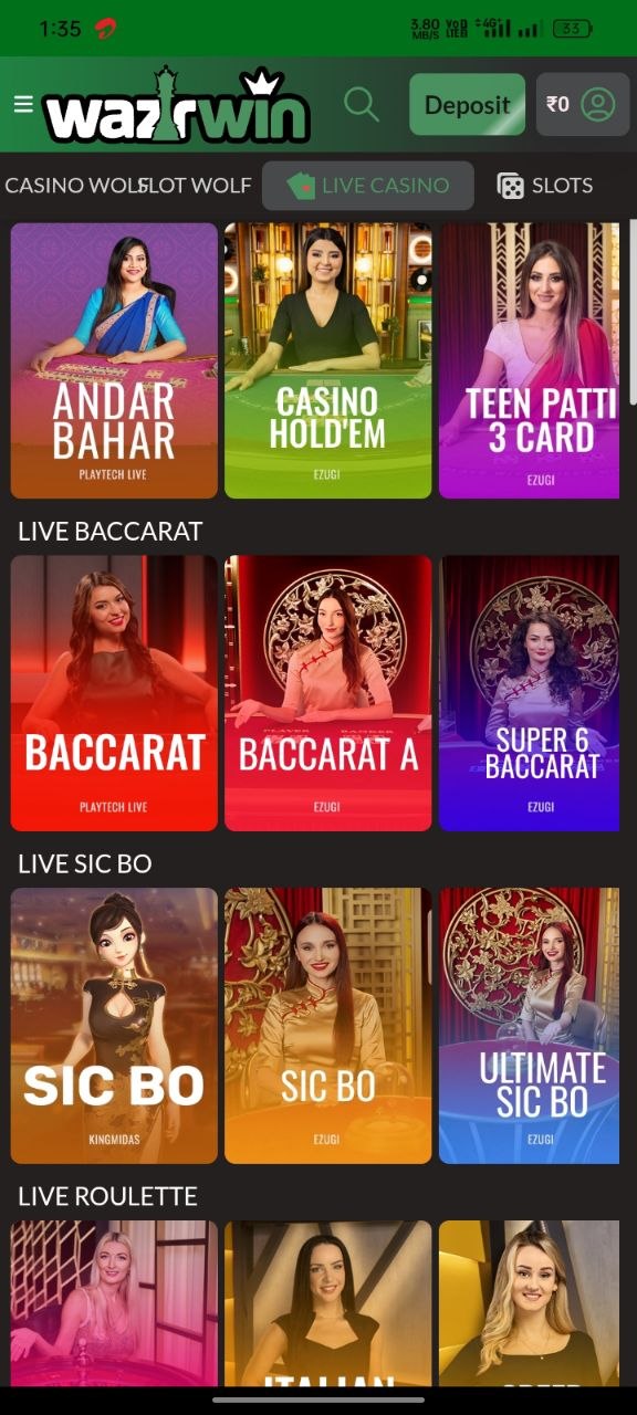Wazirwin casino app dashboard with gaming interface