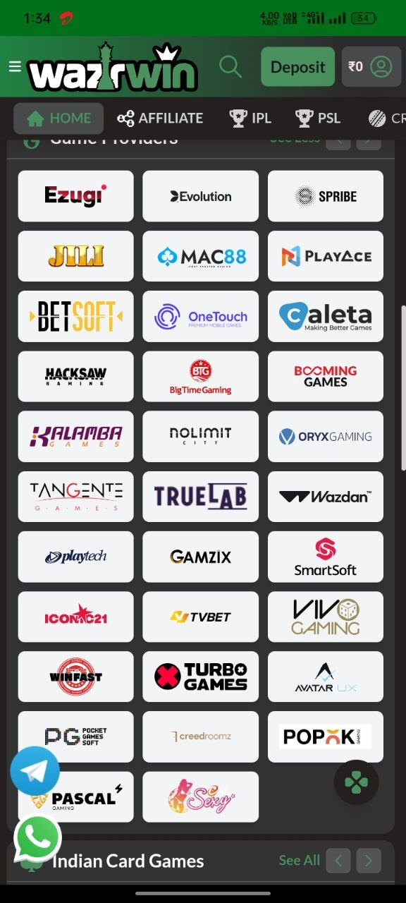 Wazirwin game platform showing casino and online gaming options