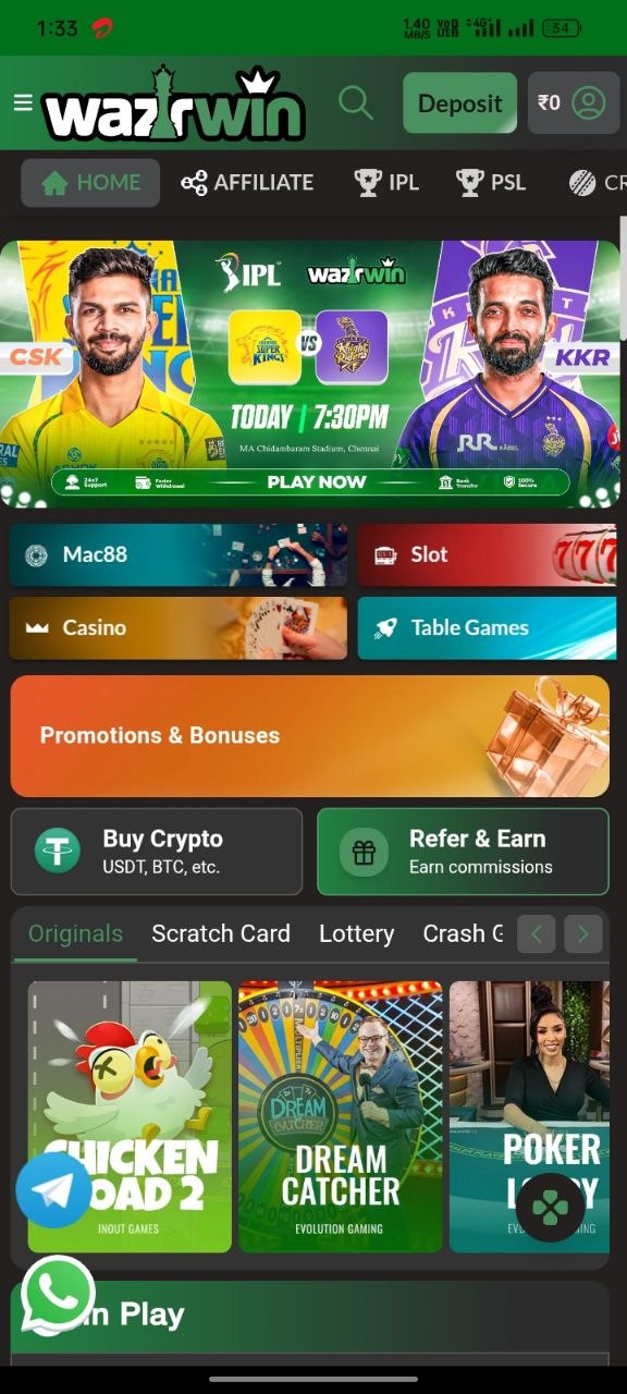 Wazirwin APK download screen with casino game features